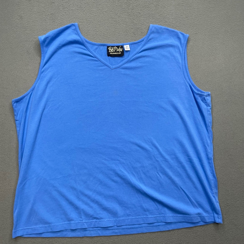 Bob Mackie Women Tank Top Cotton Spandex 2X Blue Casual V-Neck A215217